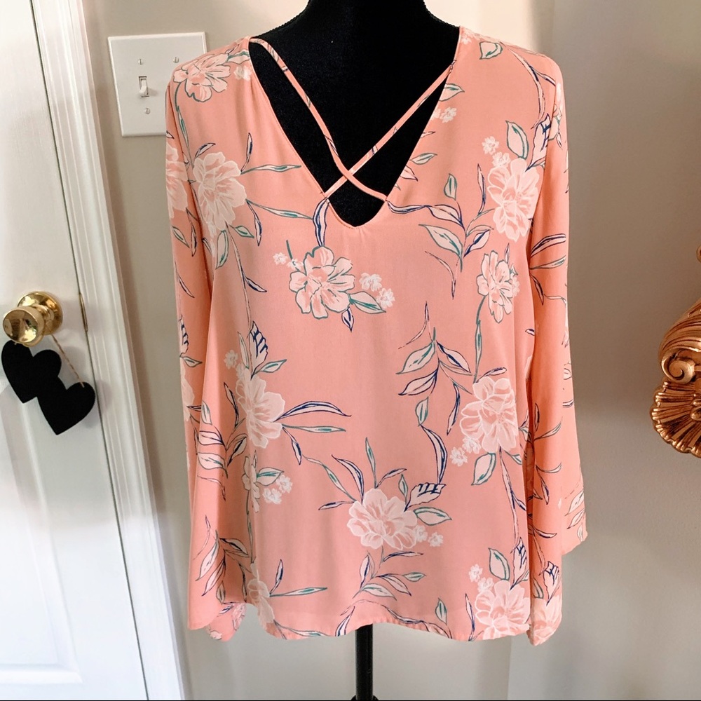 Lush Pink Blouse Flowy Floral V Neck Top Small